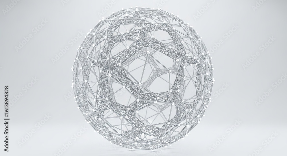 Obraz premium A silver geometric sphere made of interconnected lines and glowing nodes on a bright background.