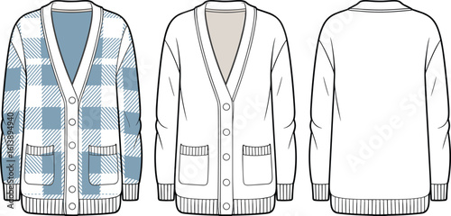 Stylish blue checkered cardigan, front and back view, V-neck design, button closure, pockets, cozy casual fashion apparel, winter sweater