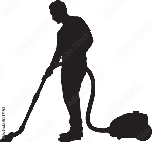 Man Cleaning with Vacuum Cleaner Silhouette Vector Design, Transparent Background.