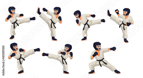 flat style illustration set of karate combat sports players in protective gear, executing dynamic kicks and punches, symbolizing martial arts training and self-defense