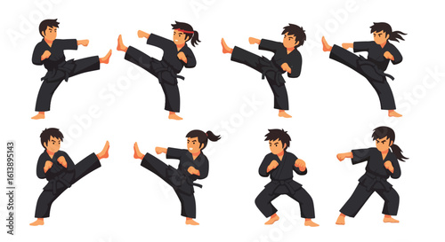 flat style illustration set of karate combat sports players in various dynamic martial arts poses, including kicks and punches, showcasing discipline and strength