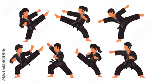 flat style illustration set of karate combat sports players in various dynamic martial arts poses, including kicks and punches, showcasing discipline and strength