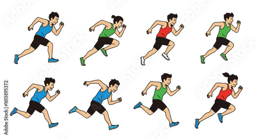 
flat style illustration set of diverse sprinters in various dynamic running poses, capturing the speed and energy of track and field athletes in action