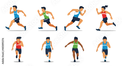 
flat style illustration set of diverse sprinters in various dynamic running poses, capturing the speed and energy of track and field athletes in action