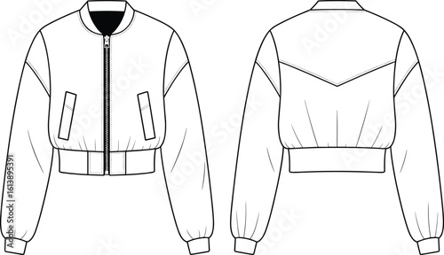 Technical jacket drawing front and back view, zipper closure, ribbed cuffs and waistband, V-yoke seam, slanted pockets, garment design sketch