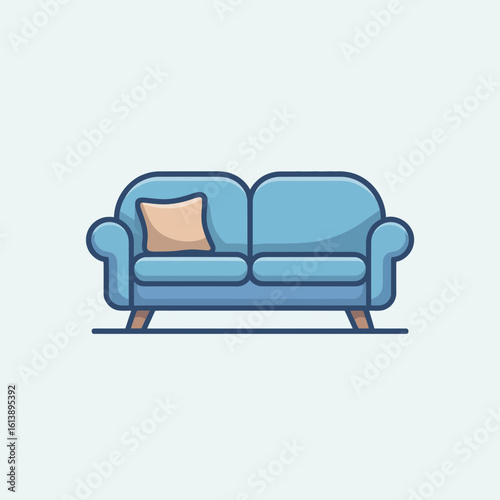 Blue Two Seater Sofa Icon Illustration Modern Minimalist Couch Design