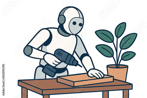 Digital illustration of a robot innovatively assembling furniture in the living room