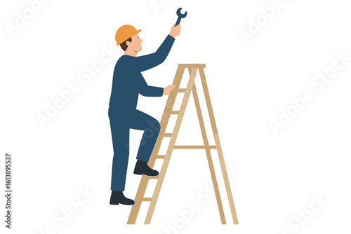 A worker wearing a hardhat ascends a ladder with a visible toolbelt set against a plain backdrop