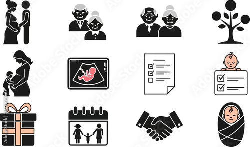 Collection of icons representing family life pregnancy and new baby
