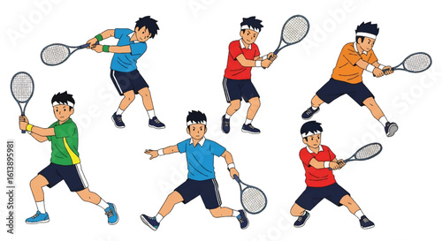 
flat style illustration set of tennis players in various dynamic poses like serving, forehand, and backhand shots, showcasing the energy and skill of the sport