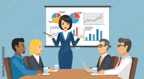 Businesswoman leads a team meeting, presenting data charts and graphs on a projector screen to attentive colleagues.