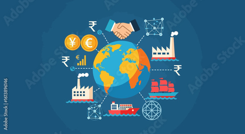 Global economic illustration depicting international trade, finance, and collaboration.
