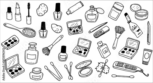 Detailed hand-drawn doodle of an extensive collection of beauty, makeup, and personal care essentials, including cosmetics, skincare products, and various grooming tools.