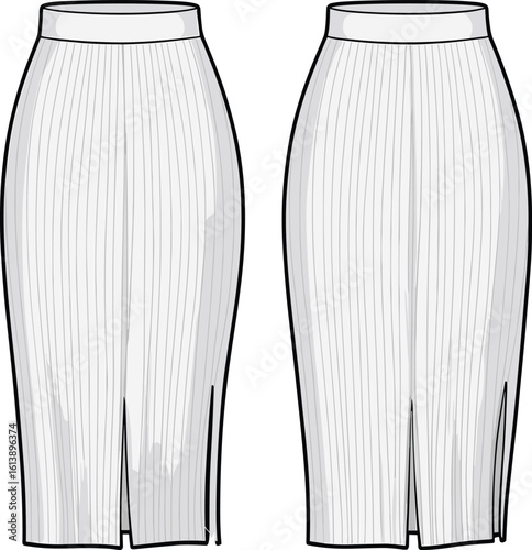 White pleated skirts, front slit design, fashion garment illustration, knee length style, vertical folds, modern clothing concept, apparel sketch