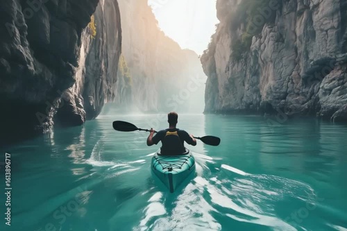 Solo Kayaker Paddling Through Turquoise Canyon in Morning Fog