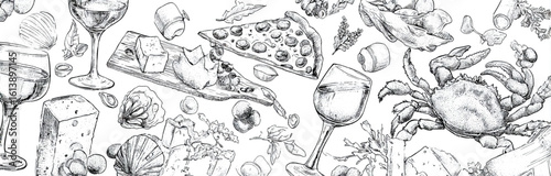 Hand Drawn Sketch of Gourmet Food with Wine Cheese Pizza and Crab Elegant Culinary Illustration