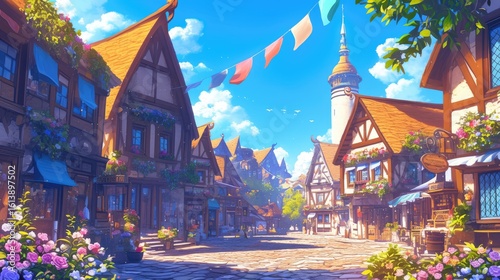 Fantasy city street with colorful medieval buildings, flower-filled windows, cobblestone paths, and bright sky, ideal for game backgrounds, storytelling visuals, or fantasy art projects