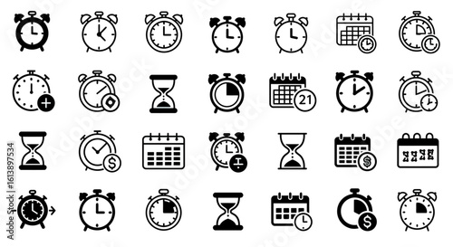 Collection of Black and White Time-Related Vector Icons