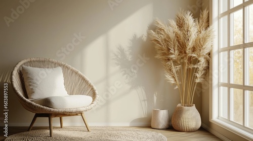 Beige minimalist living room with natural armchair, soft pillow, dried pampas grass in wicker vase, and sunlight through large window, perfect for interior mockups or decor showcases