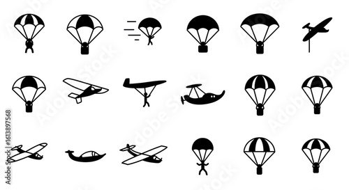 Collection of black silhouette icons for aviation and air sports, including parachutes, airplanes, and hang gliders.