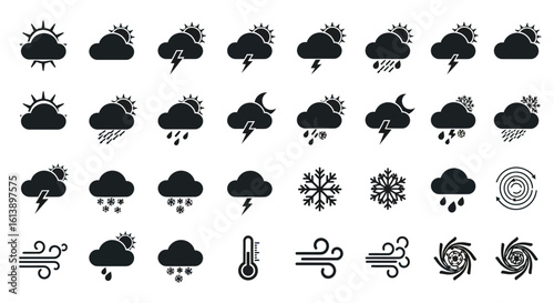 Diverse Black Weather Icons Depicting Sun, Clouds, Rain, and Storms