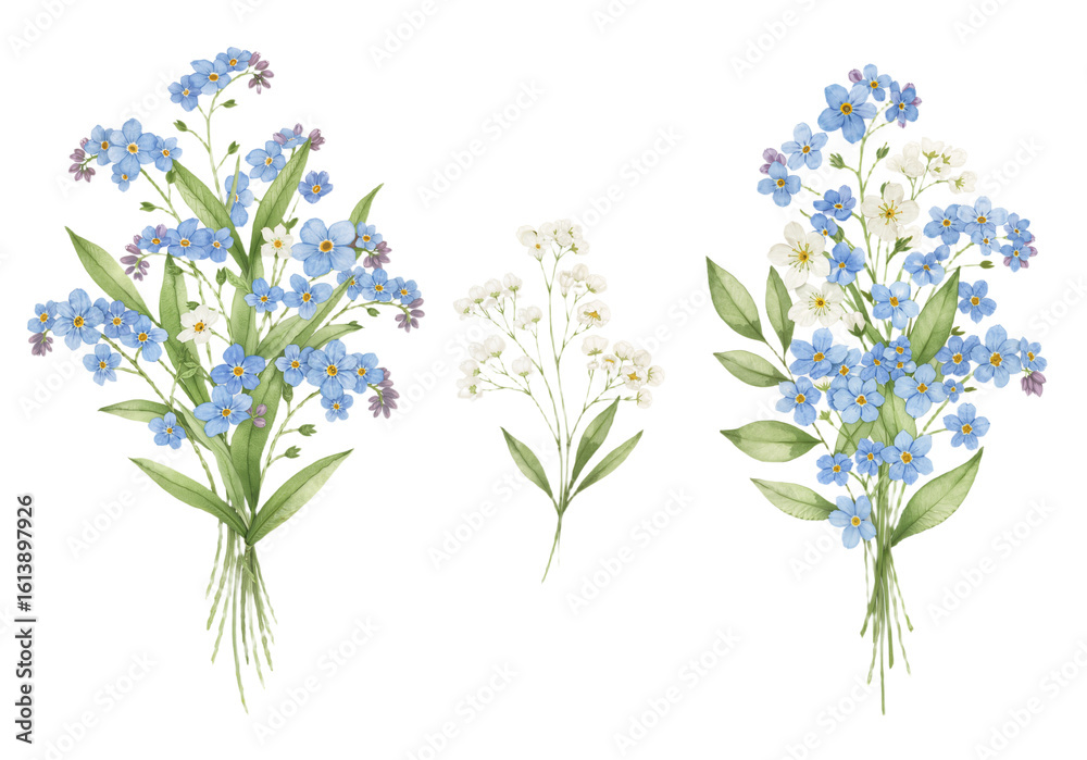 Naklejka premium Watercolor illustration of pastel flowers, including roses and hydrangeas, with lush green leaves on a plain white background. AI generated.