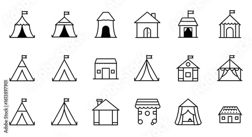 Collection of Simple Line Art Structures, Tents, and Houses