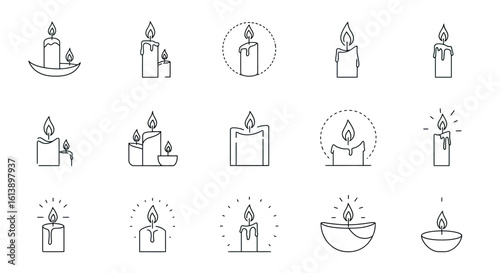 Collection of Minimalist Candle Line Art Icons with Flames and Wax Details