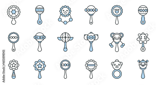 Collection of Baby Rattle Icons: Diverse Designs in Light Blue and White