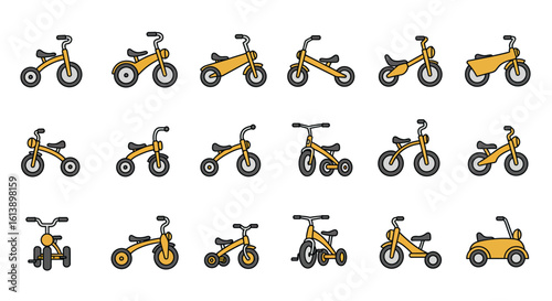 Collection of Yellow Children's Tricycles and Ride-on Toys