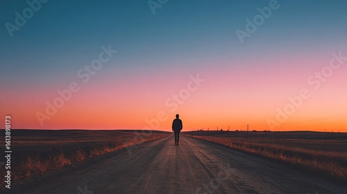 Silhouette of a person walking on a dirt road at sunset