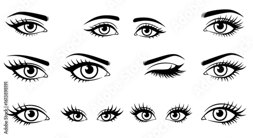 Set of stylized female eyes with long eyelashes and bold eyeliner. A graphic black and white collection of various expressions, including a wink.