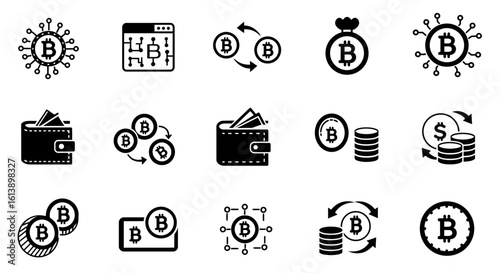 Collection of Black Bitcoin Cryptocurrency Icons