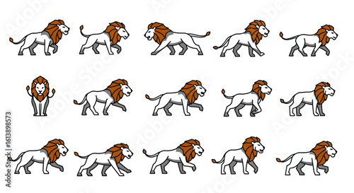 Set of stylized male lion character animation frames for a walking cycle, including front and side view poses.