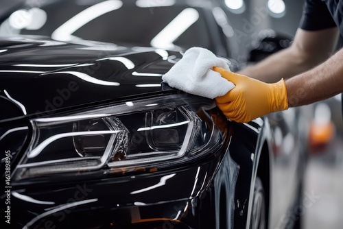 professional car detailer cleaning the exterior of an elegant black luxury vehicle with a soft cloth