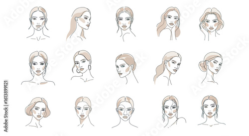 Minimalist Line Art Female Faces with Beige Contouring and Diverse Hairstyles