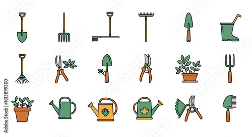 Gardening Tools and Plants Icons: Shovel, Rake, Watering Can, Boots, and More
