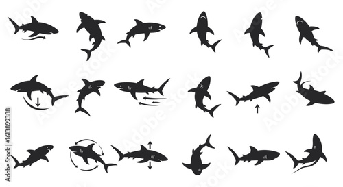 Dynamic shark silhouettes set. Black vector icons of marine predators in various swimming and hunting poses with movement arrows.