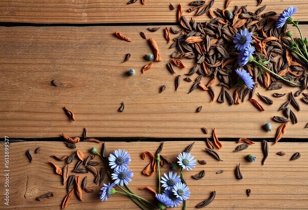 Naklejka premium Rustic wooden table, scattered dry tea leaves & cornflowers, copy space, relaxation, composition