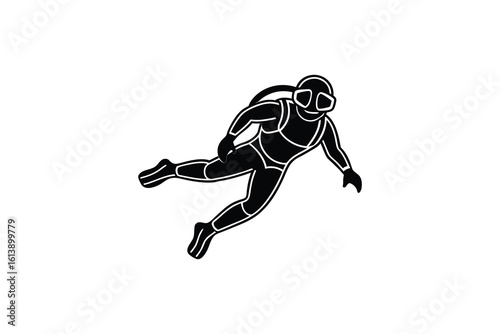 Scuba Diver Swimming Underwater with Gear in a Black and White Silhouette Style silhouette scuba diver