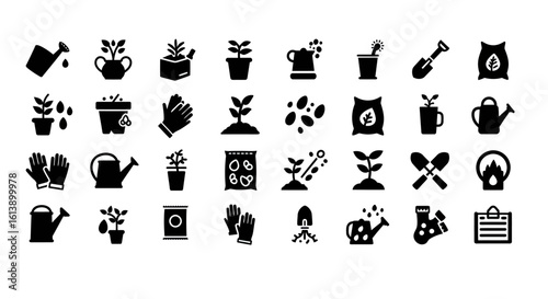 Detailed black silhouette gardening icons set featuring plants, tools, and growth elements
