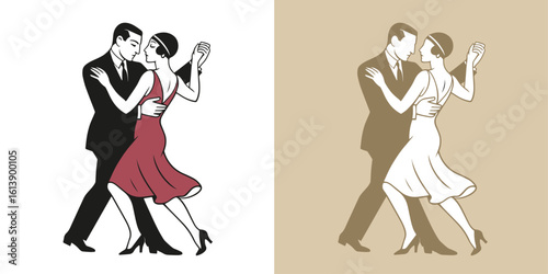 Couple wearing retro clothes dancing tango, swing or charleston. Roaring twenties style.