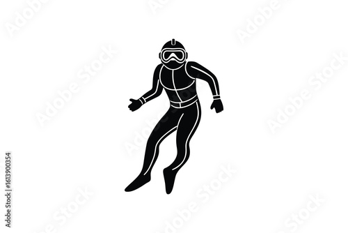 Scuba Diver in Full Gear Leans Forward in a Black Silhouette Style silhouette scuba diver full