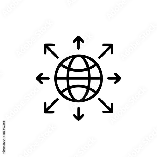 Outline globe with arrows pointing outwards in all directions world earth