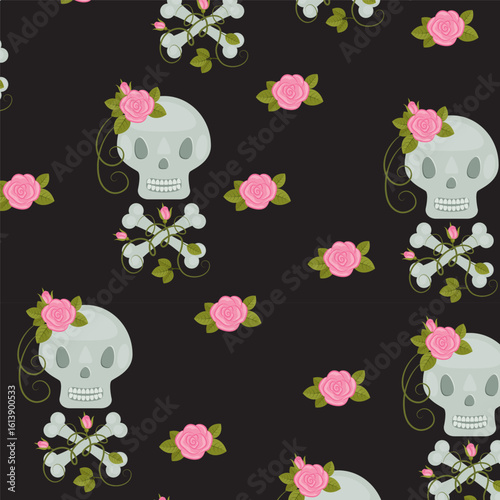 Romantic skull and rose pattern – swatch available in swatches panel – floral Halloween seamless design with bones