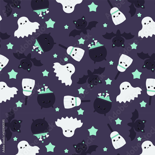 Cute Halloween pattern with ghosts and bats – swatch available in swatches panel – seamless spooky background with stars