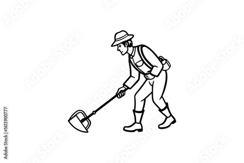 Man with Hat Using a Metal Detector in Black and White Silhouette man wearing hat uses