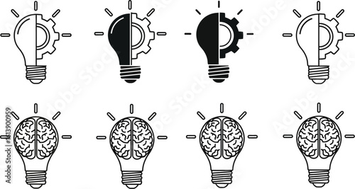 Split lightbulb icons combining brains and gears symbolizing ideas and innovation