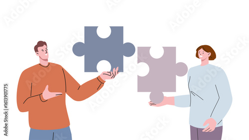 Man and woman holding puzzle pieces. Collaboration, job communication or problem solving. Relationship, metaphor of people coincidence, vector scene