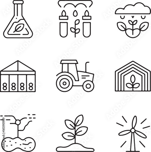 Agritech and Eco-Farming Line Icons – Vector Set of Smart Agriculture and Green Science Tools